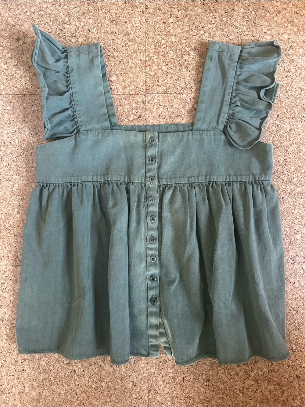 THE GREAT. Ruffled Square-Neck Button-Front Tank - Sage